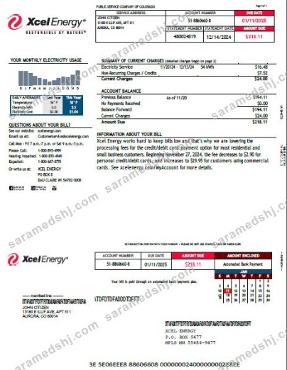 USA Xcel Energy utility bill template in Word and PDF formats, version 2